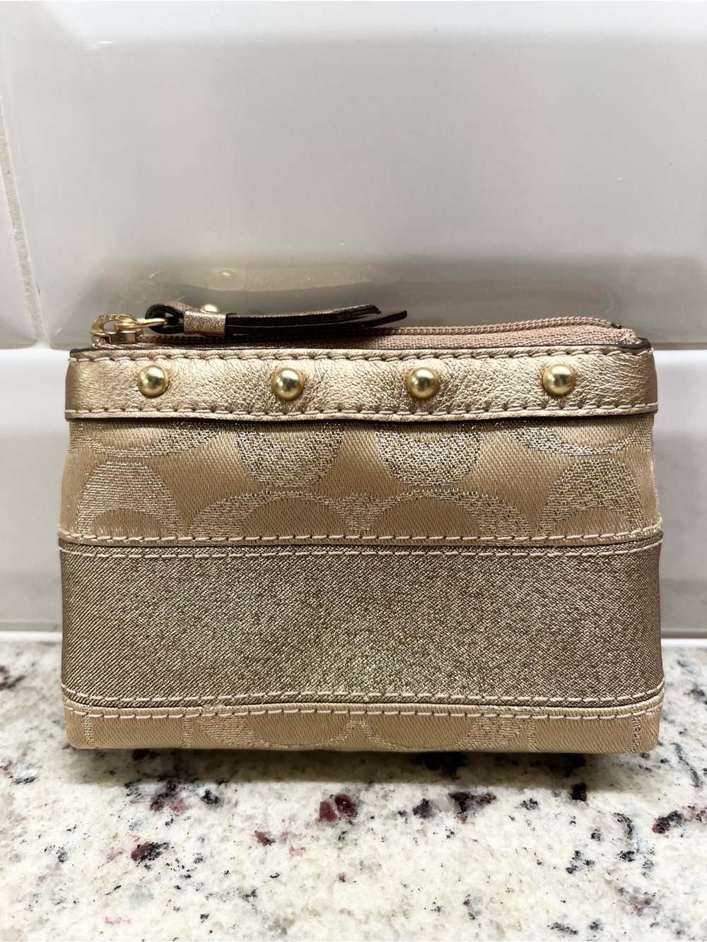 Coach Signature Striped Studded Mini Skinny Zippered Card Case with Key Fob NWOT